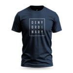 Navy Raverge men's t-shirt with bold slogan 'Deny Ordinary' in minimalist streetwear style