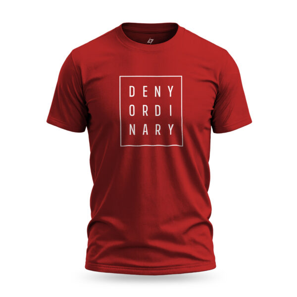 Red Raverge men's t-shirt with bold slogan 'Deny Ordinary' in minimalist streetwear style