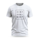 White Raverge men's t-shirt with bold slogan 'Deny Ordinary' in minimalist streetwear style