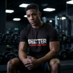 Male model showcasing Raverge's 'Shatter The Limits' black t-shirt