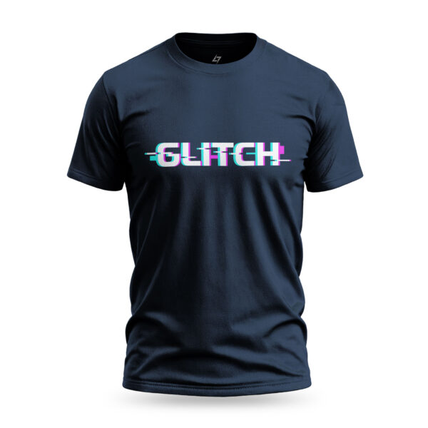 Navy Glitch T-shirt with distorted, glitched text design for gamers