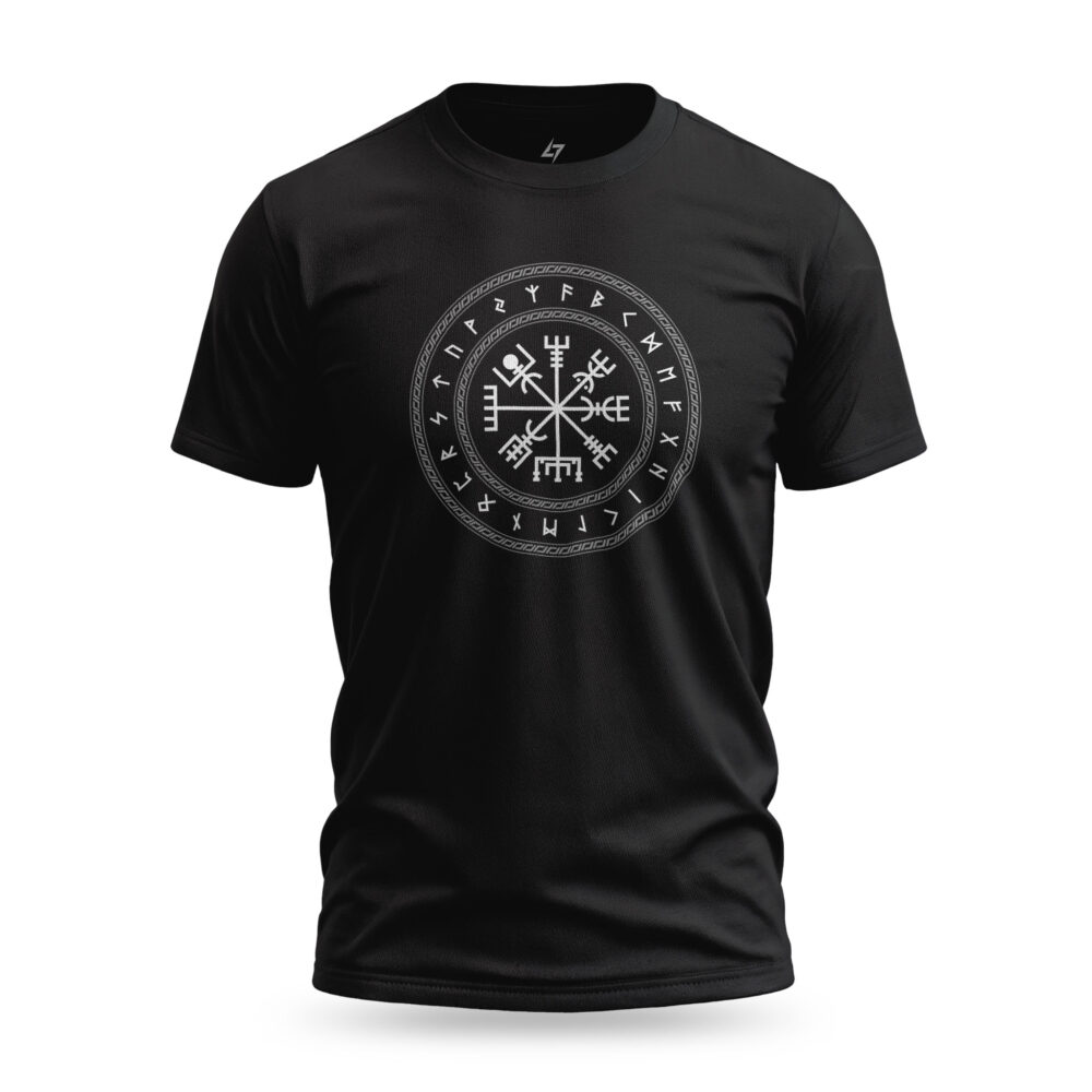 Black streetwear t-shirt featuring the Vegvisir Viking compass design by Raverge, inspired by Norse mythology