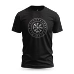 Black streetwear t-shirt featuring the Vegvisir Viking compass design by Raverge, inspired by Norse mythology