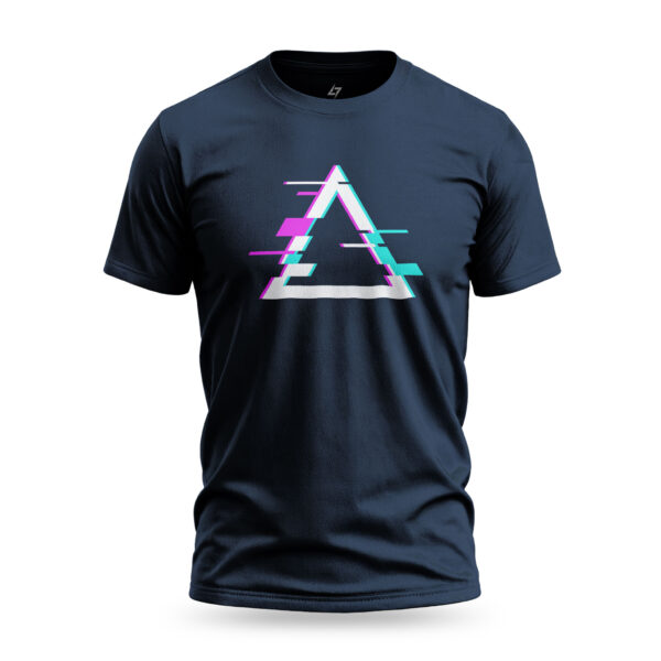 Navy streetwear t-shirt by Raverge featuring a computer glitch effect on a triangular graphic, perfect for gamers