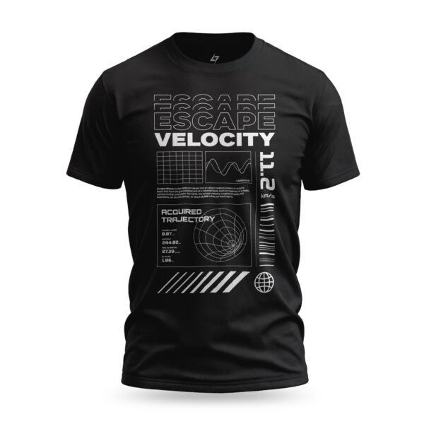 Black Raverge Escape Velocity T-Shirt with futuristic space-themed graphic and bold typography