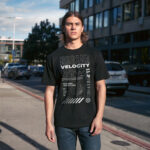 Model wearing Raverge Escape Velocity T-Shirt with futuristic space graphic