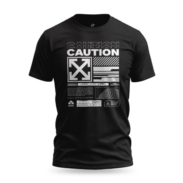 Raverge Caution T-Shirt with bold typography and attention-grabbing graphic