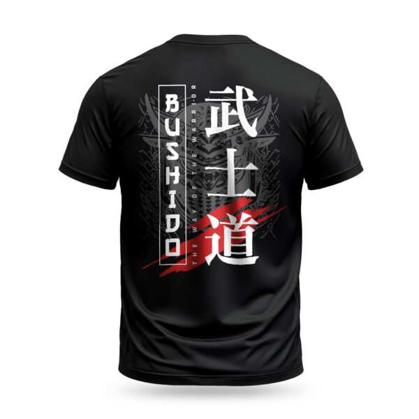 Black Raverge Bushido T-Shirt with samurai-inspired design and Japanese typography
