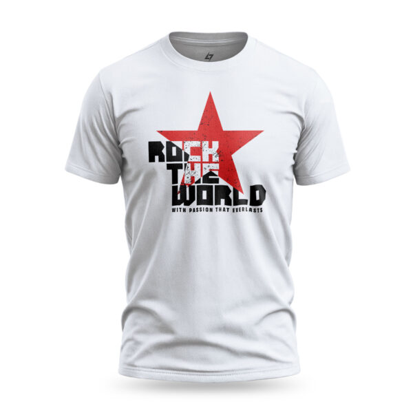 White streetwear t-shirt by Raverge for rockers featuring 'Rock the World' slogan with a red star graphic