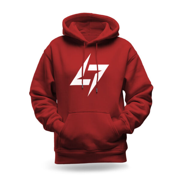 Raverge women's red hoodie featuring the Raverge logo on the chest.