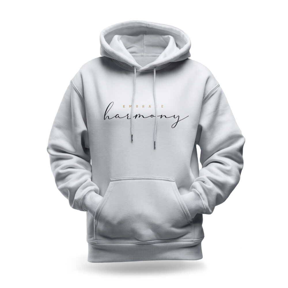 Raverge women's white hoodie featuring 'Embrace Harmony' text in stylish script.