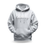 Raverge women's white hoodie featuring 'Embrace Harmony' text in stylish script.
