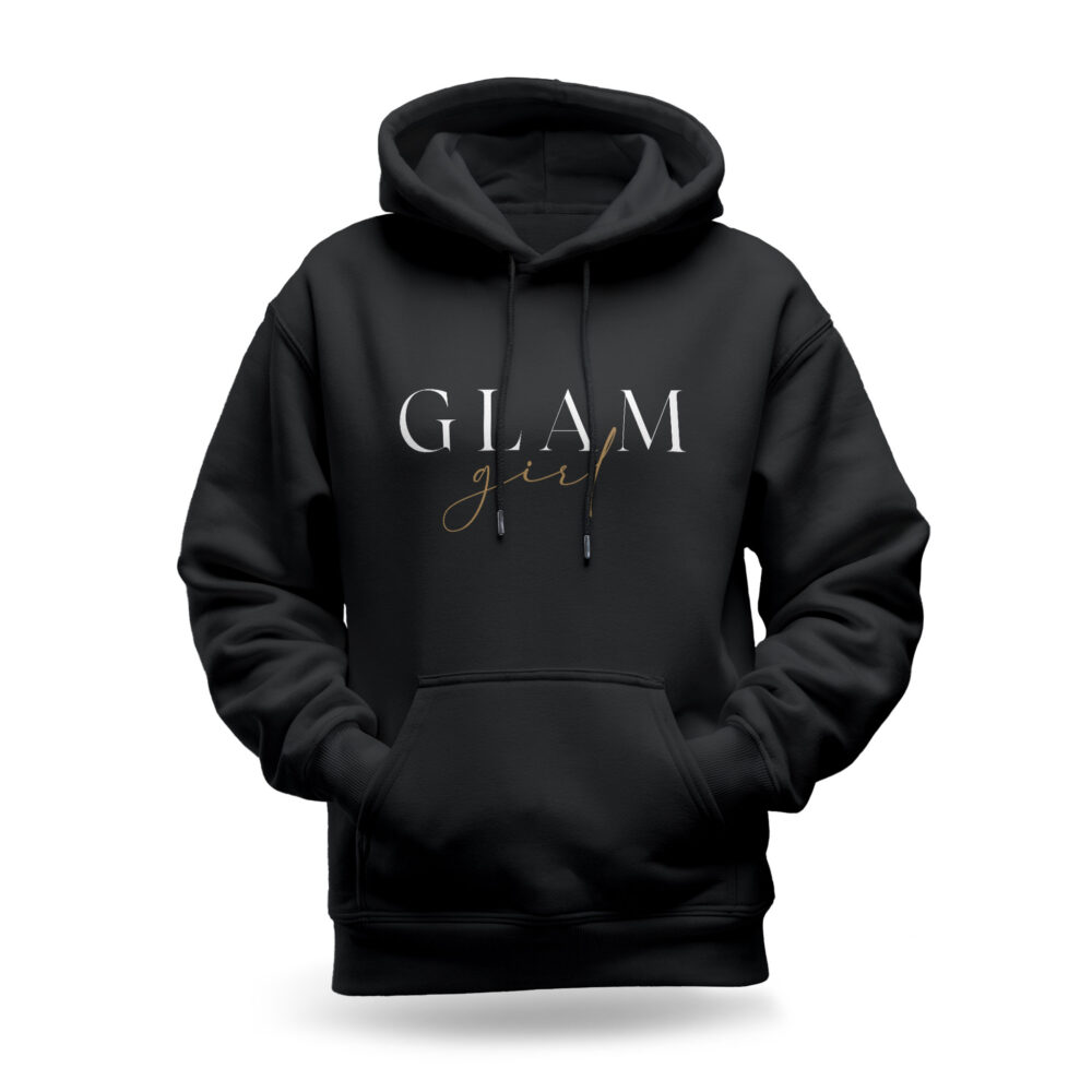 Raverge women's black hoodie with 'Glam Girl' text in an elegant design.
