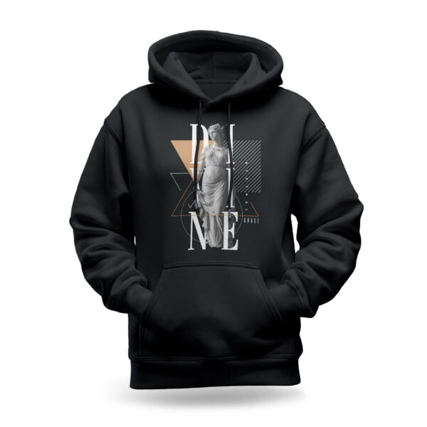 Raverge women's black hoodie with a modern 'Divine Grace' design featuring a statue graphic and geometric elements.