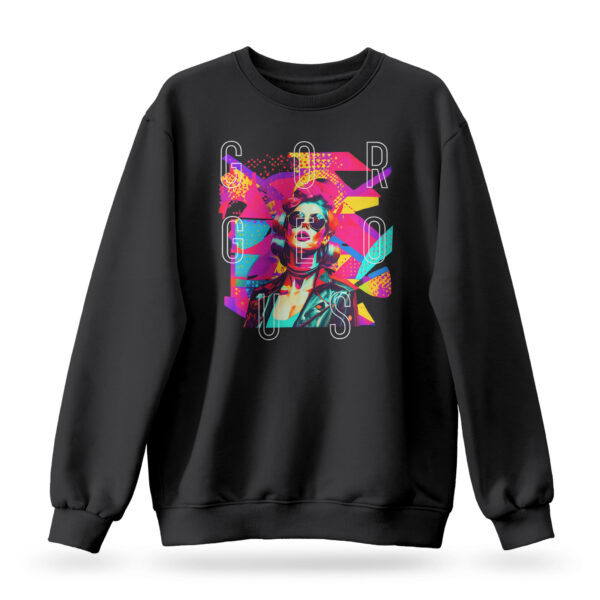Raverge women's Gorgeous black sweatshirt with pop art female figure.