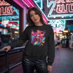 Woman wearing Raverge women's Gorgeous black sweatshirt featuring pop art style female figure.