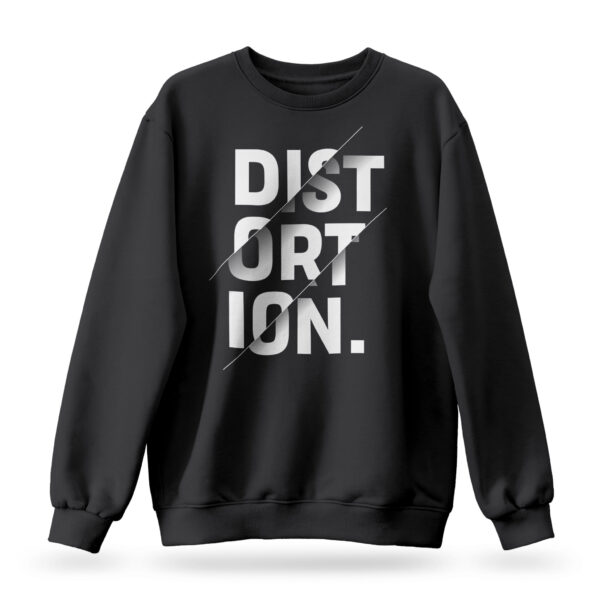 Raverge women's Distortion black sweatshirt with jagged typography.