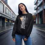 Model wearing Raverge Divine Grace black sweatshirt - Elegant goddess design