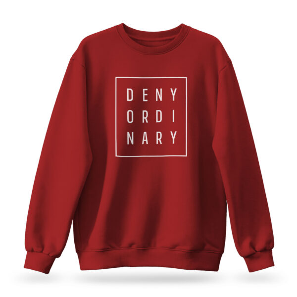 Raverge women's red sweatshirt with Deny Ordinary slogan