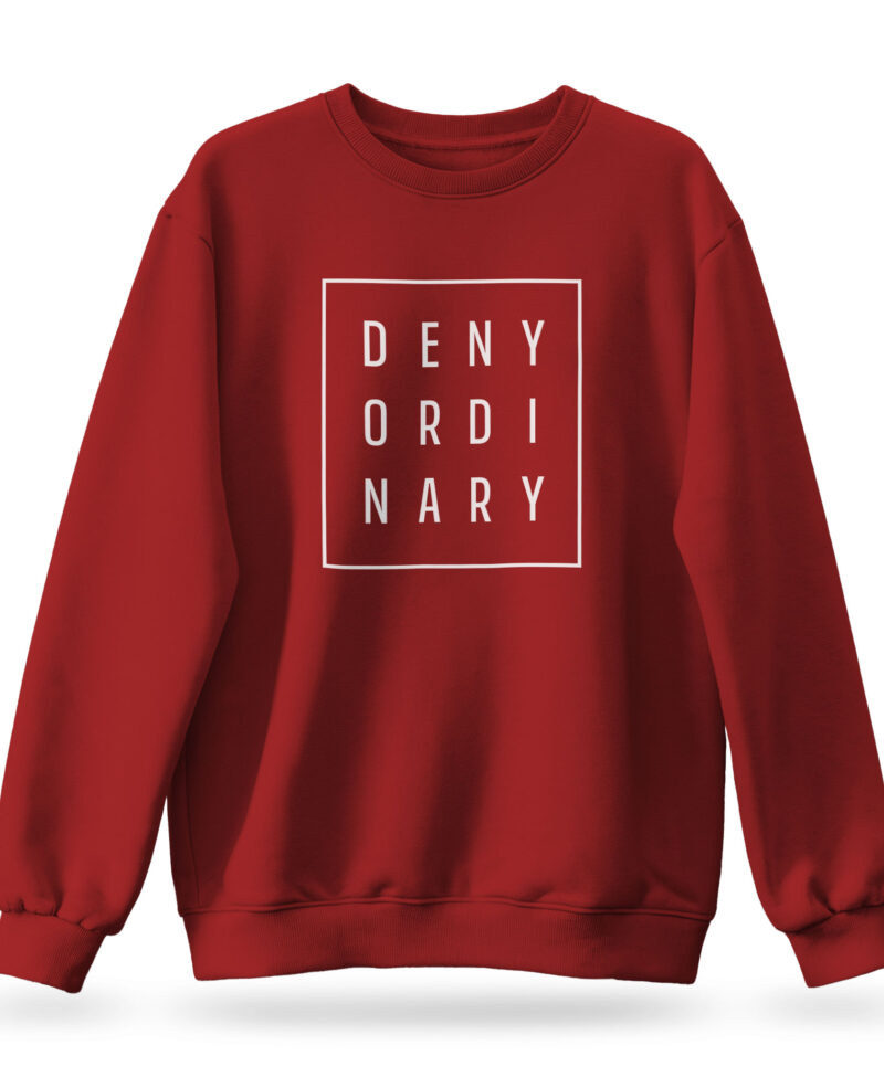 Raverge women's red sweatshirt with Deny Ordinary slogan
