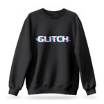 Glitched text design on Raverge women's black sweatshirt, perfect for gamers and sci-fi fans.