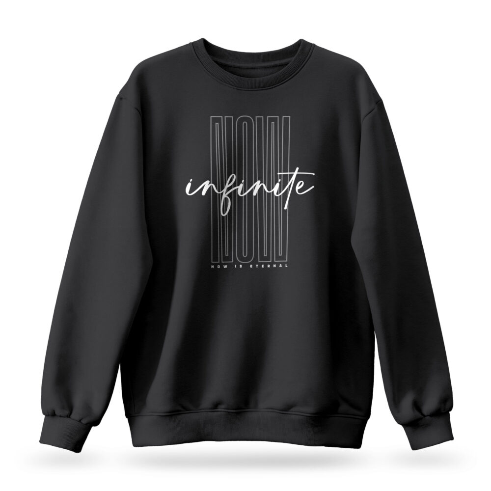 Raverge 'Infinite Now' women's black sweatshirt featuring timeless design inspired by the Eternal Now theory.