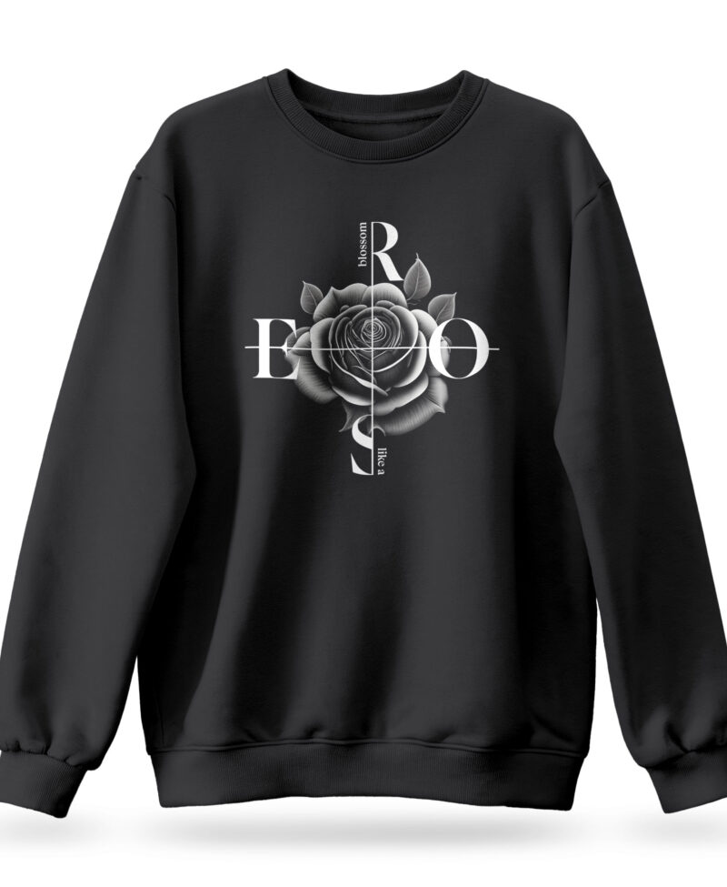 Raverge 'Black Rose' women's black sweatshirt with an elegant, feminine floral design.