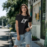 Black Raverge women's t-shirt with logo on the chest worn by a model