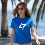 Blue Raverge women's t-shirt with logo on the chest worn by a model