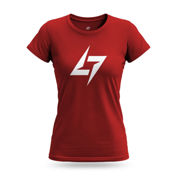 Red Raverge women's t-shirt featuring the Raverge logo on the chest
