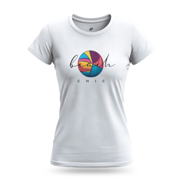 Raverge Women's Beach Chic T-Shirt with colorful beach ball graphic design