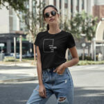 Model wearing black Raverge women's Think Without the Box t-Shirt with bold typography design