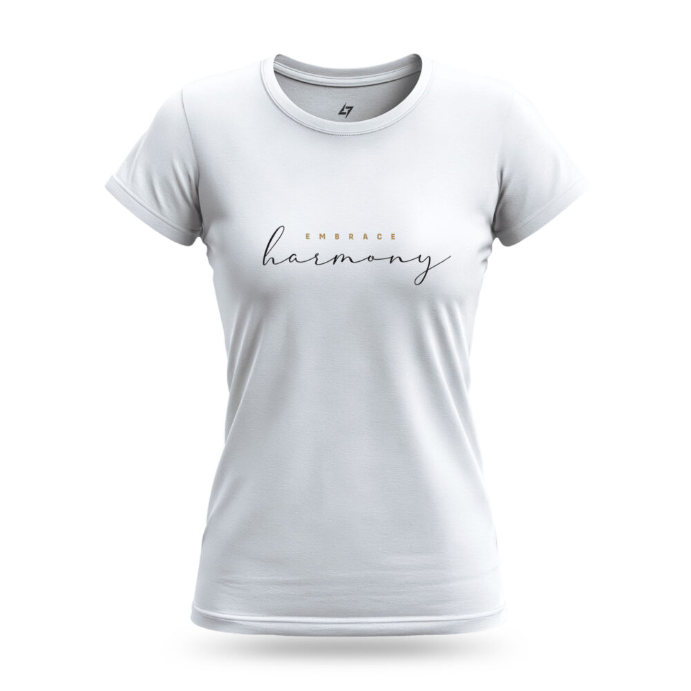 White Raverge Women's Embrace Harmony T-Shirt in white with elegant script typography.