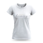 White Raverge Women's Embrace Harmony T-Shirt in white with elegant script typography.