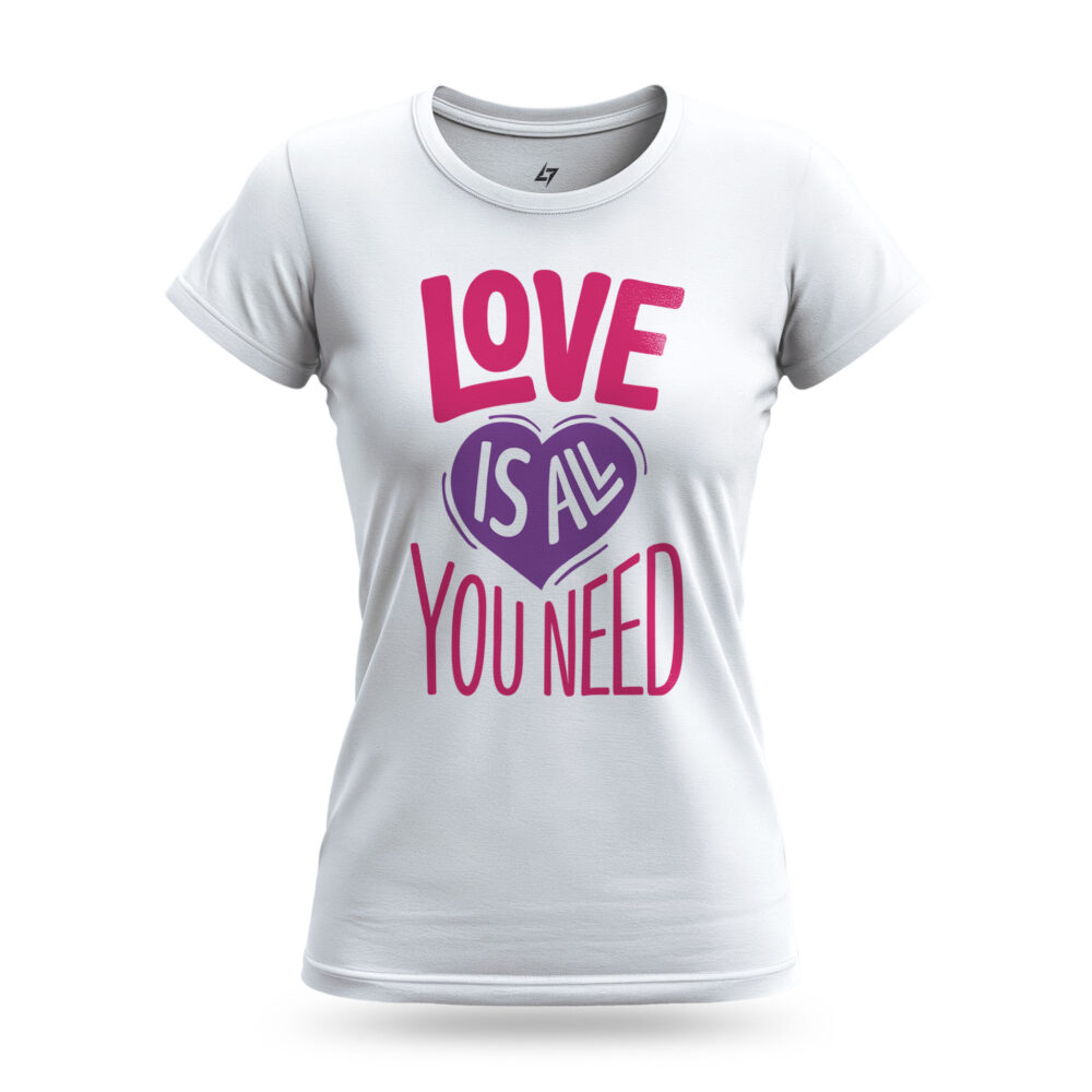 "Love is All You Need" women's t-shirt with colorful, hippie-style typography on a white background.