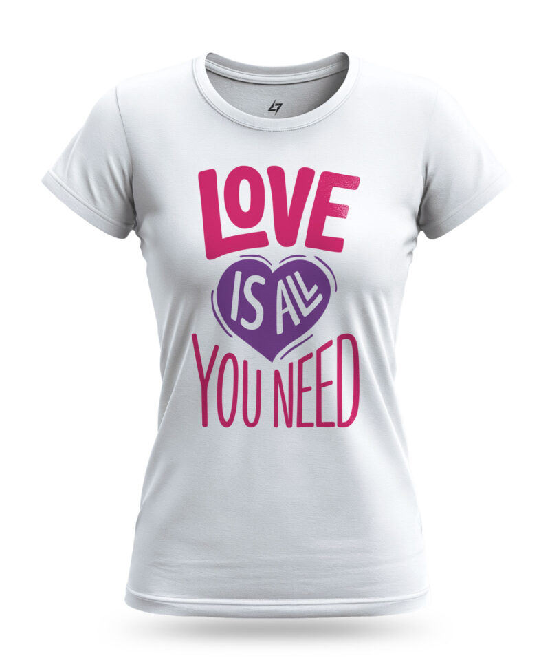 "Love is All You Need" women's t-shirt with colorful, hippie-style typography on a white background.