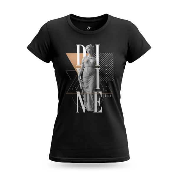 Women’s Divine Grace t-shirt with goddess statue graphic and elegant typography