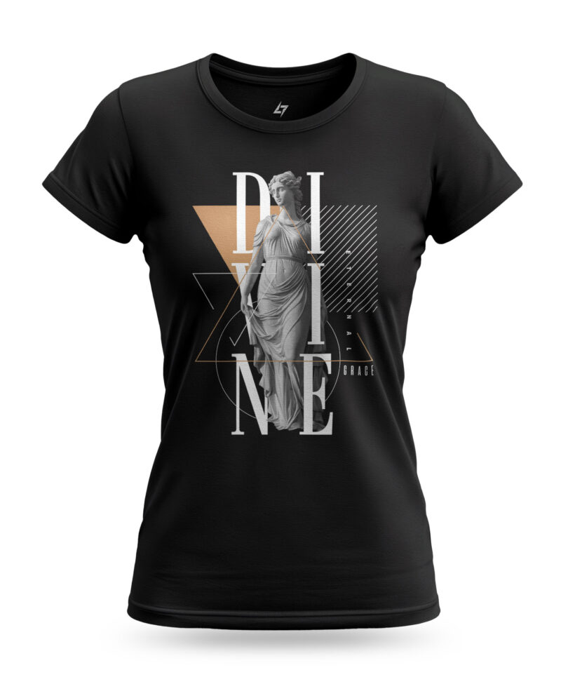 Women’s Divine Grace t-shirt with goddess statue graphic and elegant typography