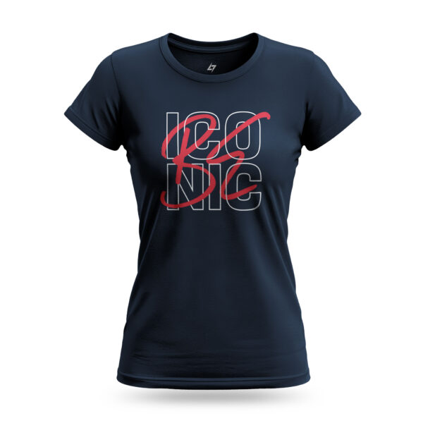 Women’s Be Iconic navy t-shirt with bold typography design