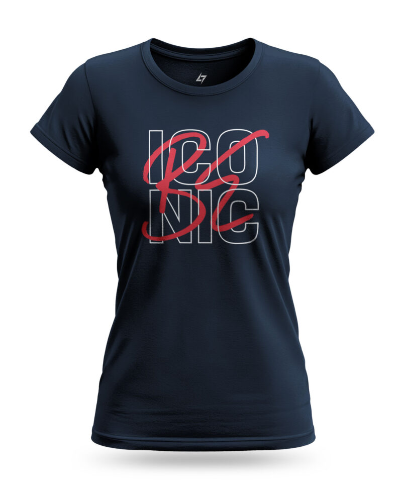 Women’s Be Iconic navy t-shirt with bold typography design
