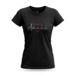 Women’s Amour black t-shirt with stylish typography and heart graphic