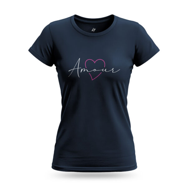 Women’s Amour navy t-shirt with stylish typography and heart graphic