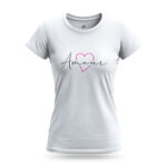 Women’s Amour white t-shirt with stylish typography and heart graphic
