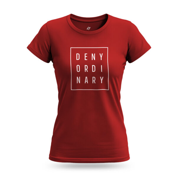 Women’s Deny Ordinary red t-shirt with bold typography and Raverge slogan