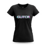 Women’s Glitch black t-shirt with distorted glitch-style typography