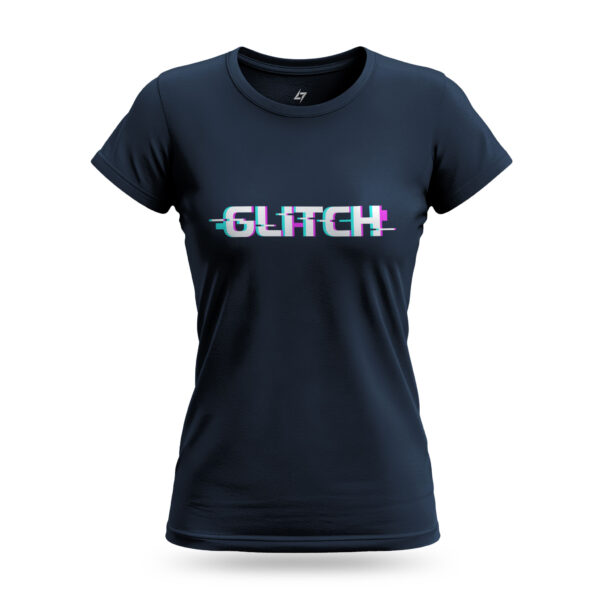 Women’s Glitch navy t-shirt with distorted glitch-style typography