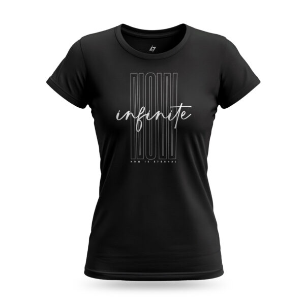 Women’s Infinite Now black t-shirt with bold typography and futuristic design