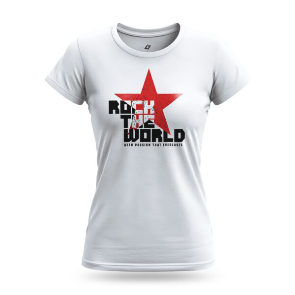 Women’s Rock the World white t-shirt with bold typography and red star graphic for rockers