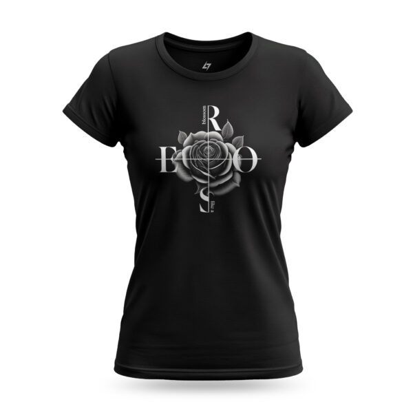 Women’s Black Rose t-shirt with a rose graphic and typography "Bloom Like a Rose"