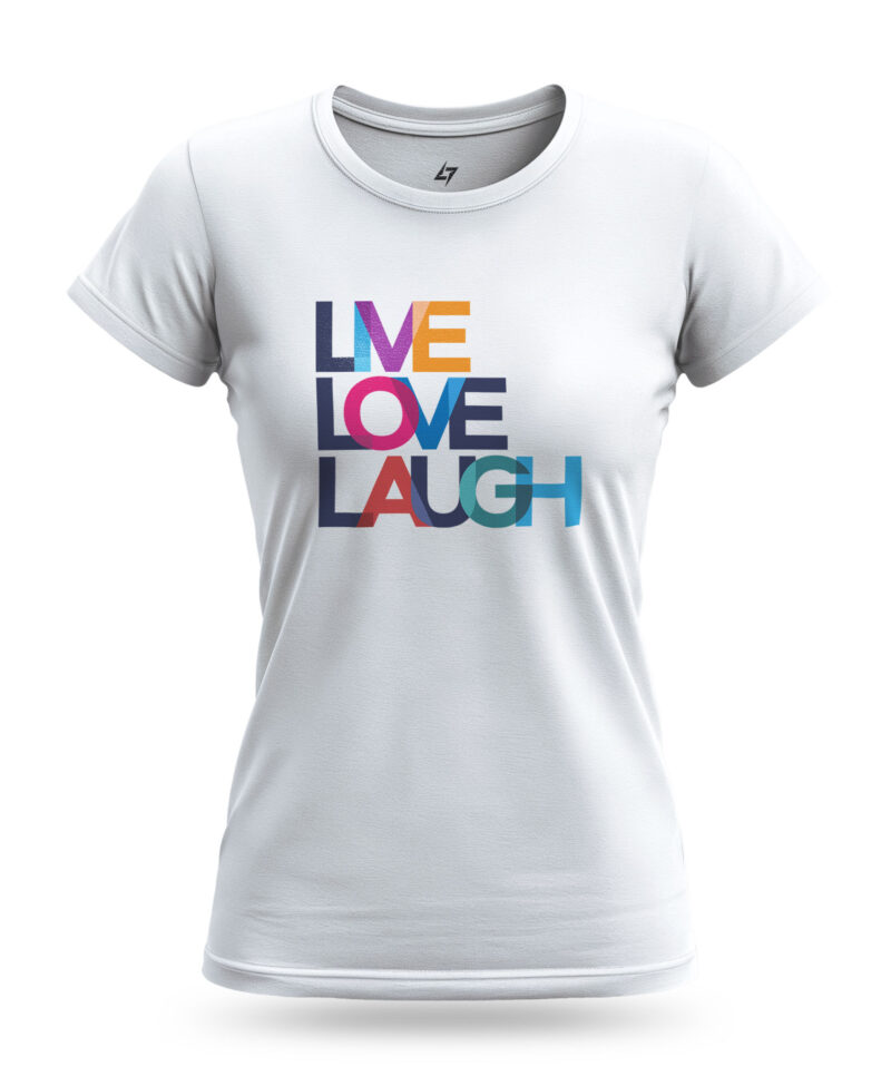 Women’s Live Love Laugh t-shirt with colorful typography design